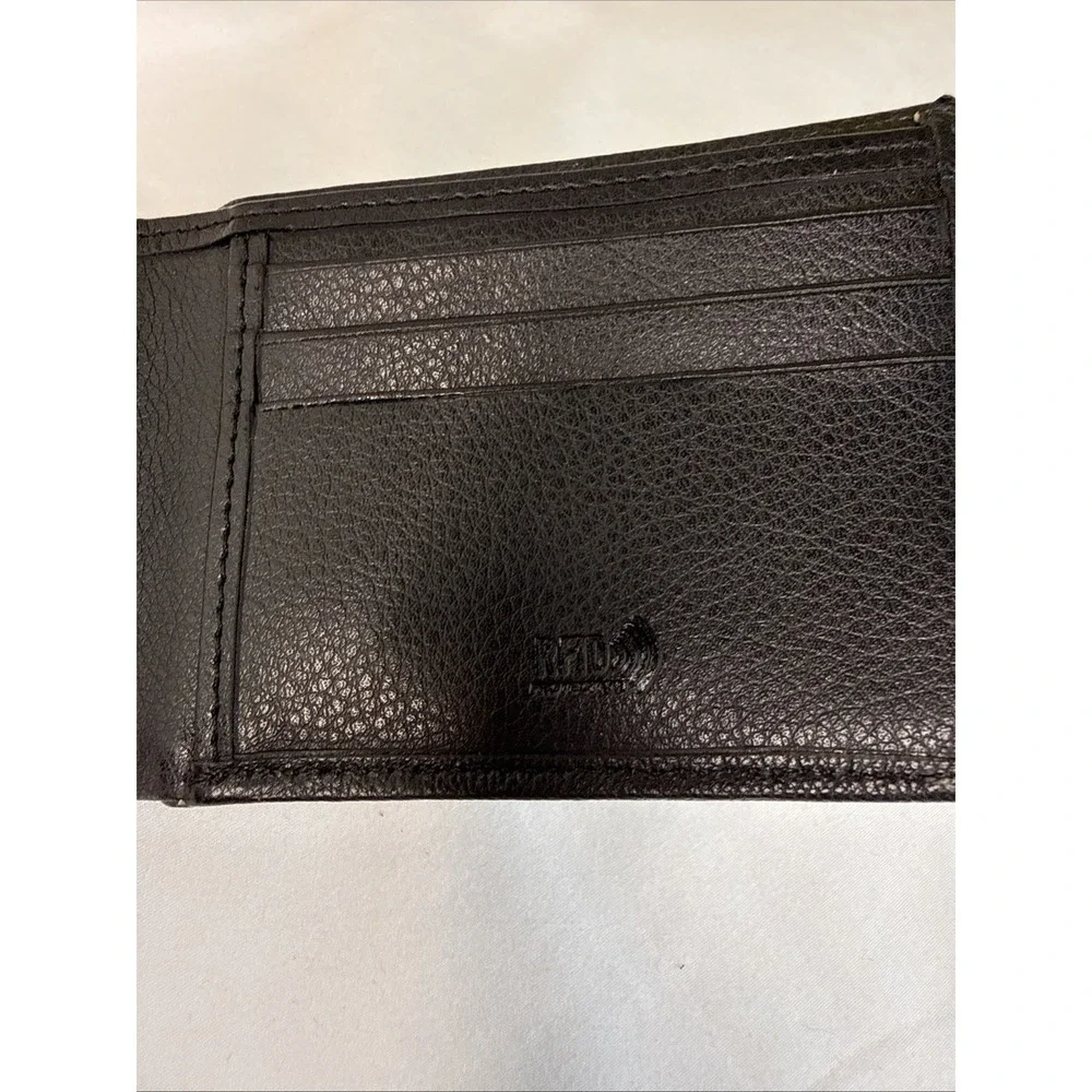 True Religion Men's Genuine Leather Black Bifold Wallet RFID Metal Logo.